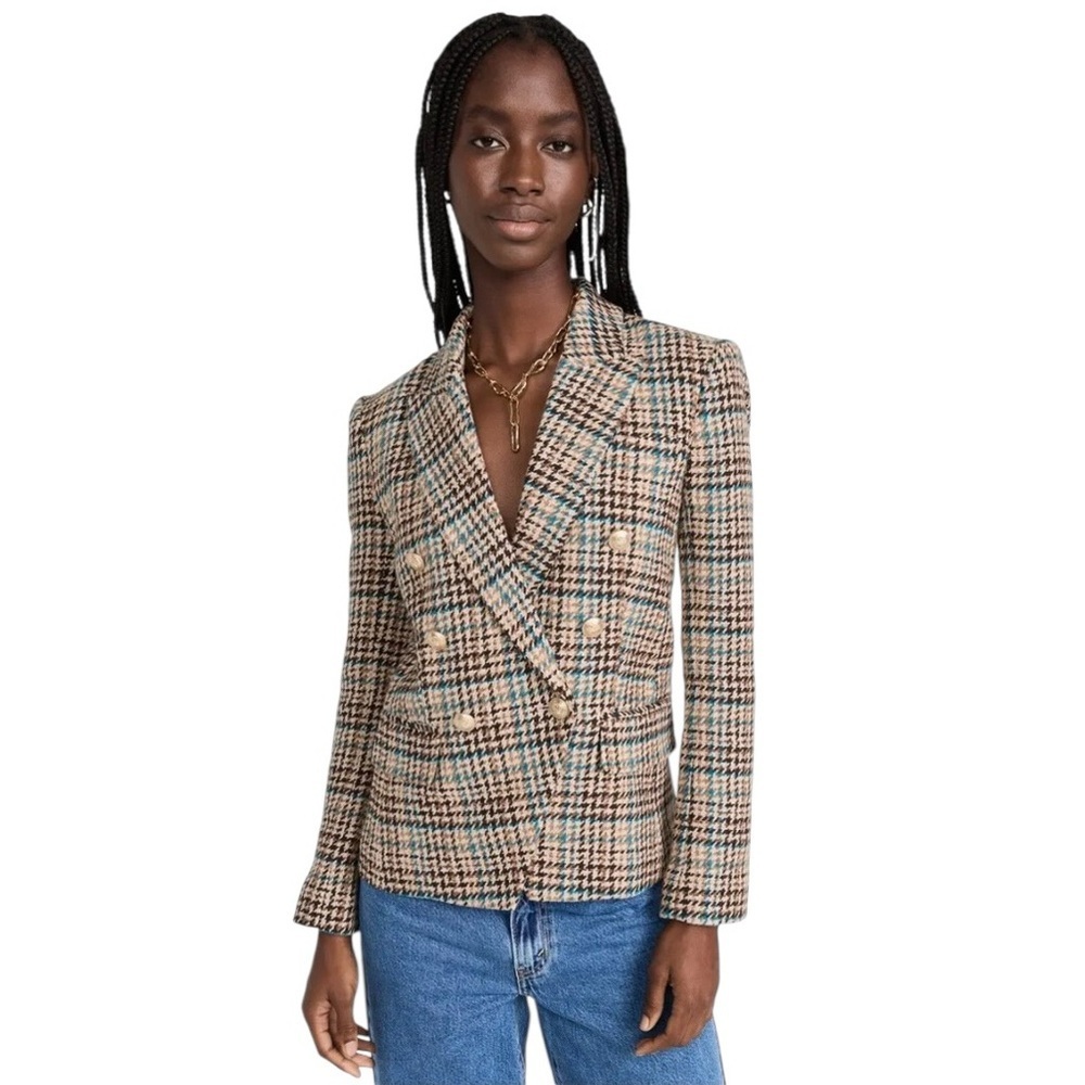 L’Agence - Kenzie Tweed Double Breasted Blazer Plaid Wool Gold Buttons Sz 2